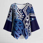 New Zealand Kimono Sleeve Blouse Aotearoa Kowhaiwhai Mix Taniko Art - Blue - Aussie Hoodie