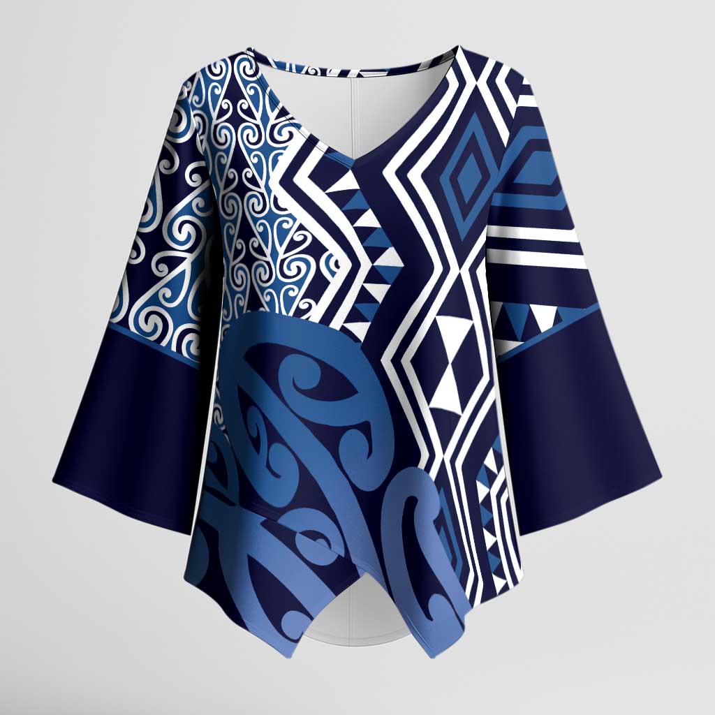 New Zealand Kimono Sleeve Blouse Aotearoa Kowhaiwhai Mix Taniko Art - Blue - Aussie Hoodie