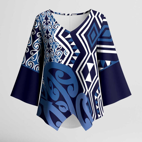 New Zealand Kimono Sleeve Blouse Aotearoa Kowhaiwhai Mix Taniko Art - Blue - Aussie Hoodie