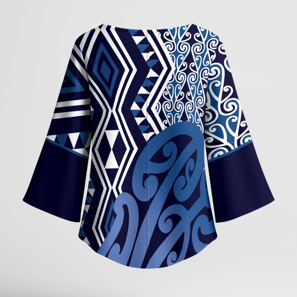 New Zealand Kimono Sleeve Blouse Aotearoa Kowhaiwhai Mix Taniko Art - Blue - Aussie Hoodie