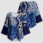 New Zealand Kimono Sleeve Blouse Aotearoa Kowhaiwhai Mix Taniko Art - Blue - Aussie Hoodie