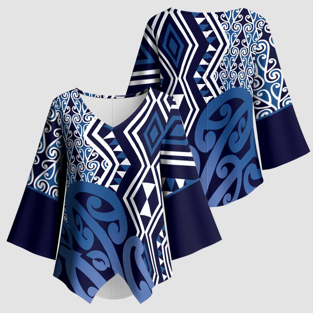 New Zealand Kimono Sleeve Blouse Aotearoa Kowhaiwhai Mix Taniko Art - Blue - Aussie Hoodie