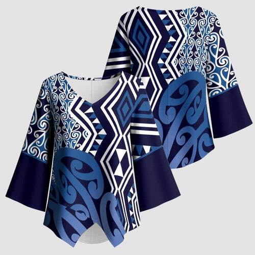 New Zealand Kimono Sleeve Blouse Aotearoa Kowhaiwhai Mix Taniko Art - Blue - Aussie Hoodie