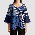 New Zealand Kimono Sleeve Blouse Aotearoa Kowhaiwhai Mix Taniko Art - Blue - Aussie Hoodie