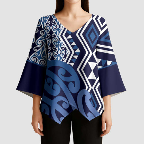 New Zealand Kimono Sleeve Blouse Aotearoa Kowhaiwhai Mix Taniko Art - Blue - Aussie Hoodie