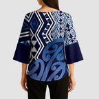 New Zealand Kimono Sleeve Blouse Aotearoa Kowhaiwhai Mix Taniko Art - Blue - Aussie Hoodie