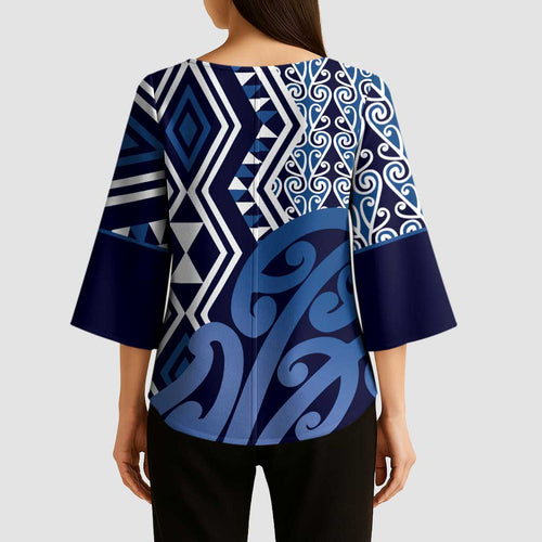 New Zealand Kimono Sleeve Blouse Aotearoa Kowhaiwhai Mix Taniko Art - Blue - Aussie Hoodie