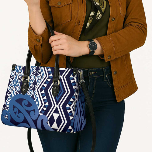 New Zealand Leather Bag Aotearoa Kowhaiwhai Mix Taniko Art - Blue - Aussie Hoodie