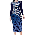 New Zealand Long Sleeve Bodycon Dress Aotearoa Kowhaiwhai Mix Taniko Art - Blue