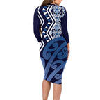 New Zealand Long Sleeve Bodycon Dress Aotearoa Kowhaiwhai Mix Taniko Art - Blue