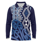 New Zealand Long Sleeve Polo Shirt Aotearoa Kowhaiwhai Mix Taniko Art - Blue