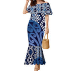 New Zealand Mermaid Dress Aotearoa Kowhaiwhai Mix Taniko Art - Blue