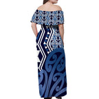 New Zealand Off Shoulder Maxi Dress Aotearoa Kowhaiwhai Mix Taniko Art - Blue