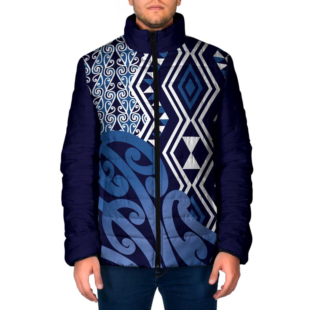 New Zealand Padded Jacket Aotearoa Kowhaiwhai Mix Taniko Art - Blue - Aussie Hoodie