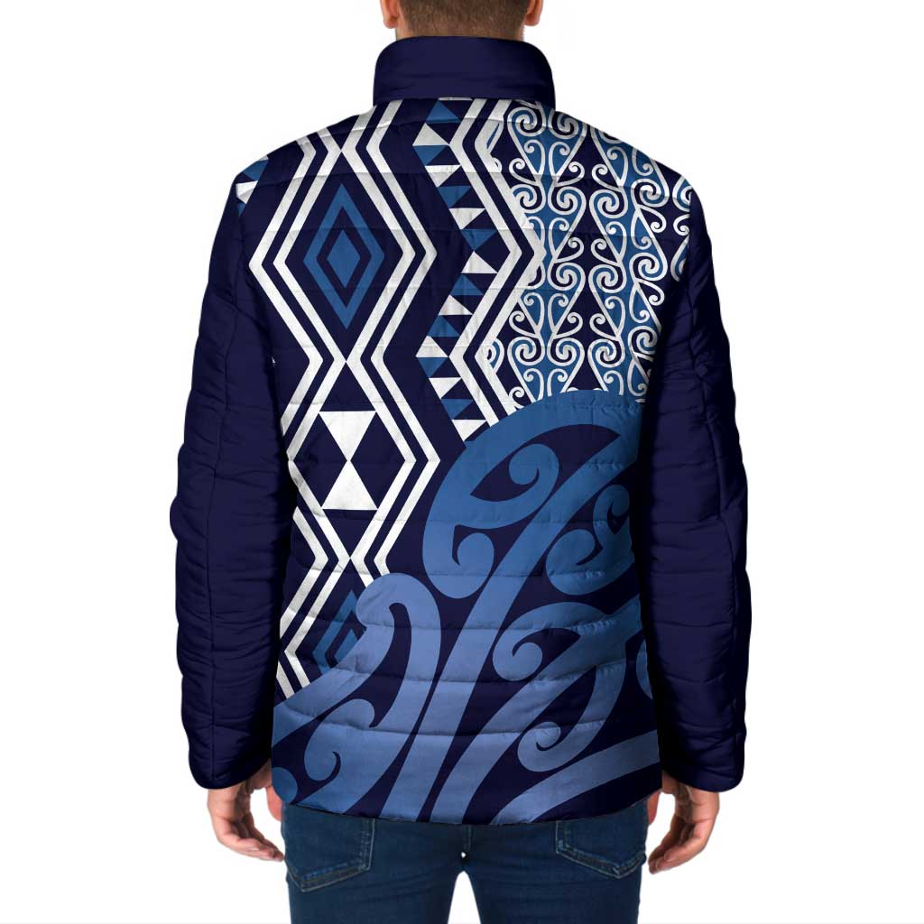 New Zealand Padded Jacket Aotearoa Kowhaiwhai Mix Taniko Art - Blue - Aussie Hoodie