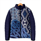 New Zealand Padded Jacket Aotearoa Kowhaiwhai Mix Taniko Art - Blue - Aussie Hoodie