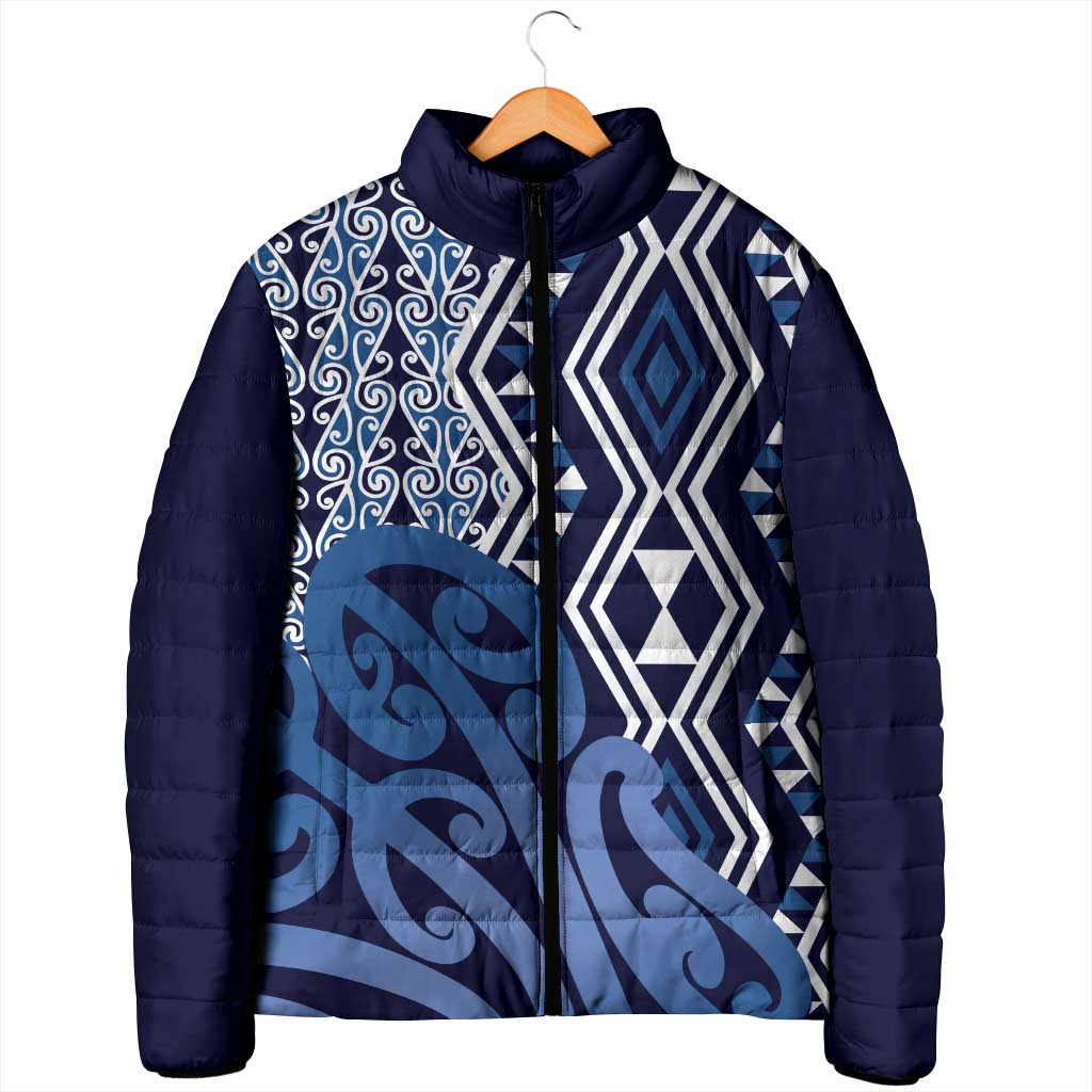 New Zealand Padded Jacket Aotearoa Kowhaiwhai Mix Taniko Art - Blue - Aussie Hoodie