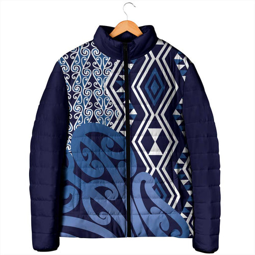 New Zealand Padded Jacket Aotearoa Kowhaiwhai Mix Taniko Art - Blue - Aussie Hoodie