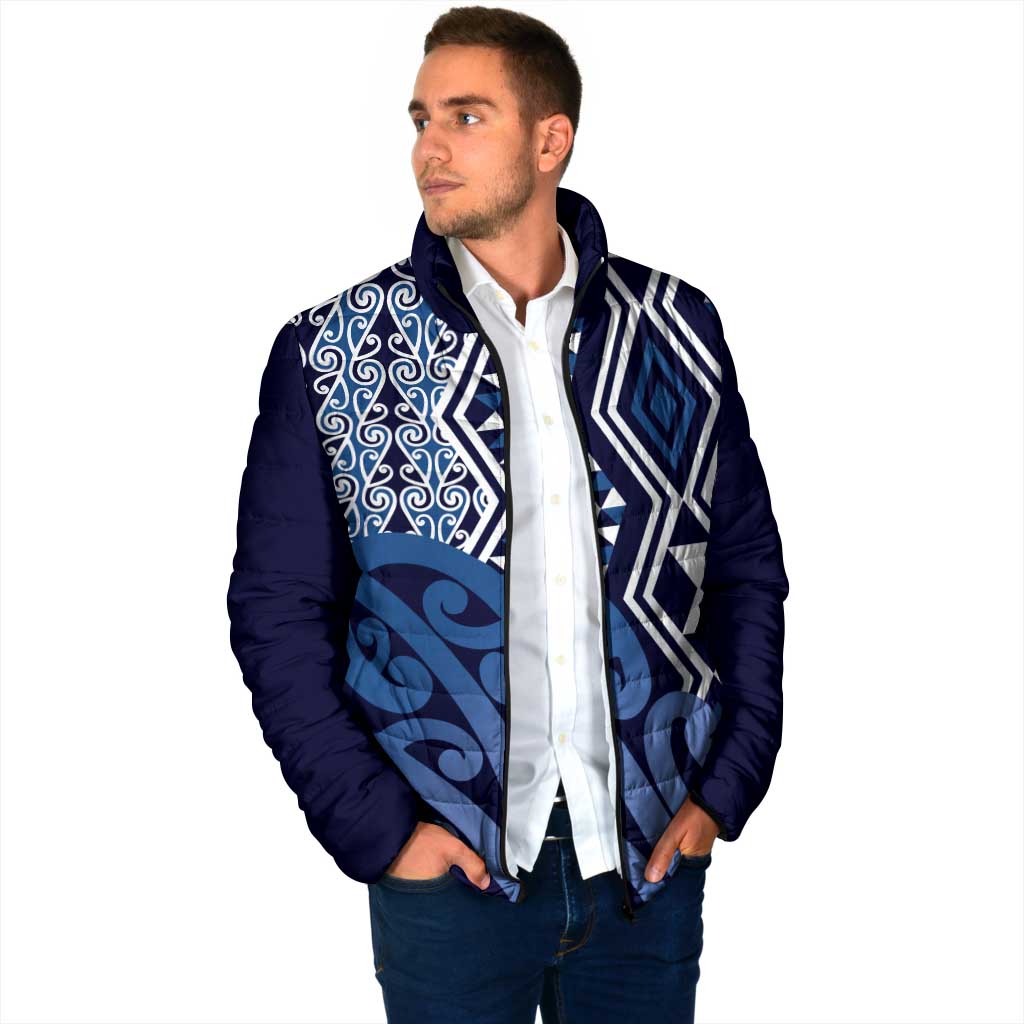 New Zealand Padded Jacket Aotearoa Kowhaiwhai Mix Taniko Art - Blue - Aussie Hoodie