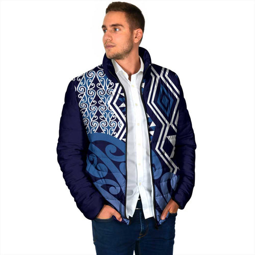 New Zealand Padded Jacket Aotearoa Kowhaiwhai Mix Taniko Art - Blue - Aussie Hoodie