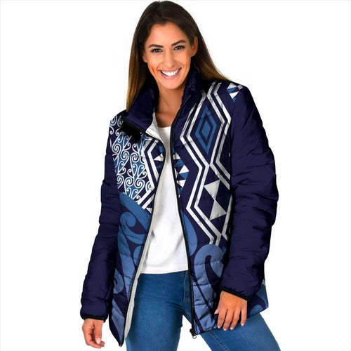 New Zealand Padded Jacket Aotearoa Kowhaiwhai Mix Taniko Art - Blue - Aussie Hoodie