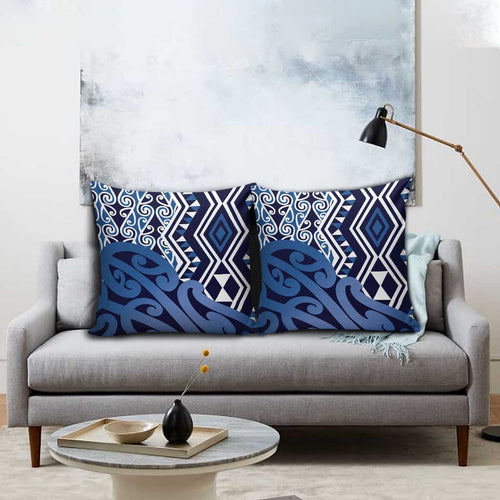 New Zealand Pillow Cover Aotearoa Kowhaiwhai Mix Taniko Art - Blue - Aussie Hoodie