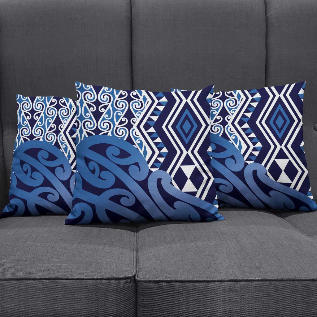 New Zealand Pillow Cover Aotearoa Kowhaiwhai Mix Taniko Art - Blue - Aussie Hoodie