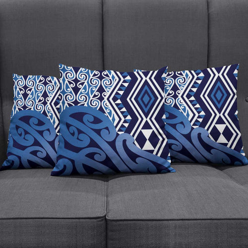 New Zealand Pillow Cover Aotearoa Kowhaiwhai Mix Taniko Art - Blue - Aussie Hoodie