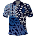 New Zealand Polo Shirt Aotearoa Kowhaiwhai Mix Taniko Art - Blue