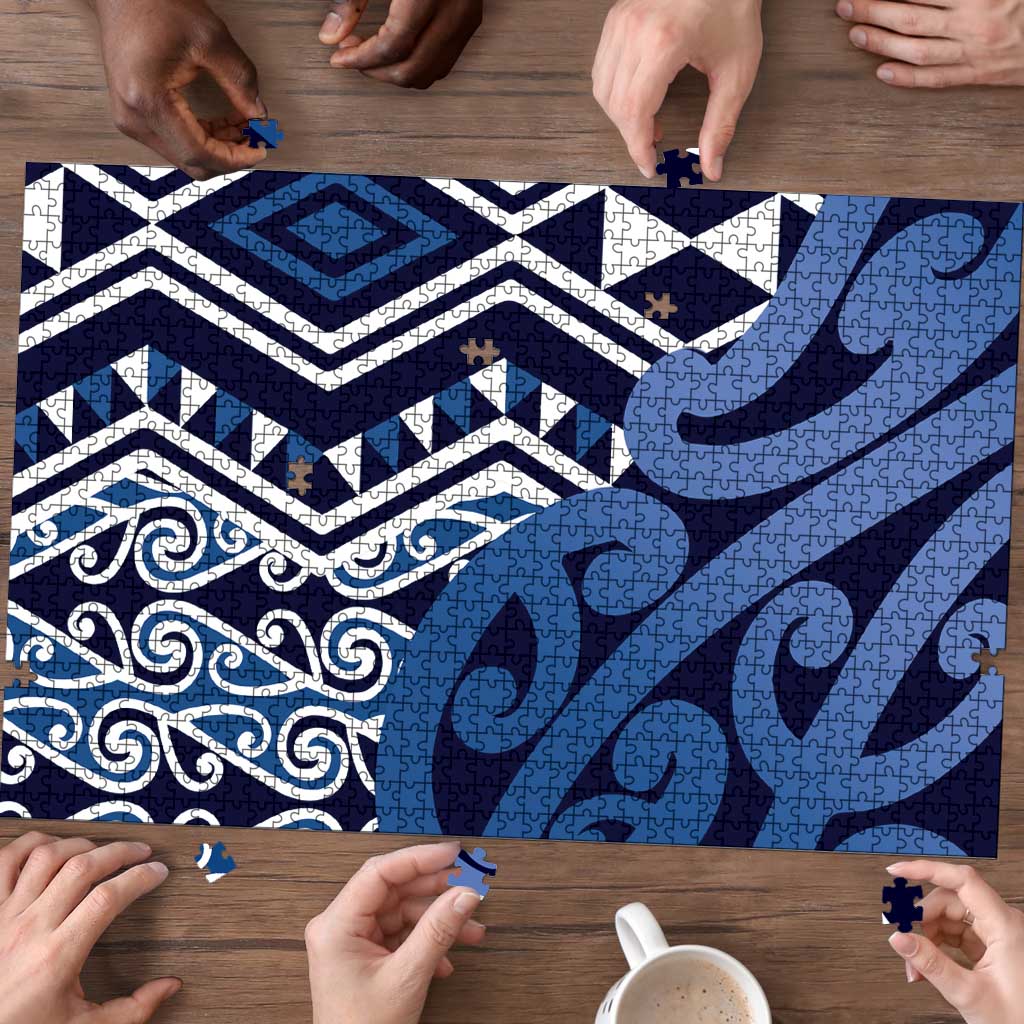 New Zealand Puzzle Aotearoa Kowhaiwhai Mix Taniko Art - Blue - Aussie Hoodie
