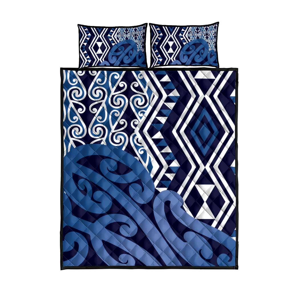 New Zealand Quilt Bed Set Aotearoa Kowhaiwhai Mix Taniko Art - Blue