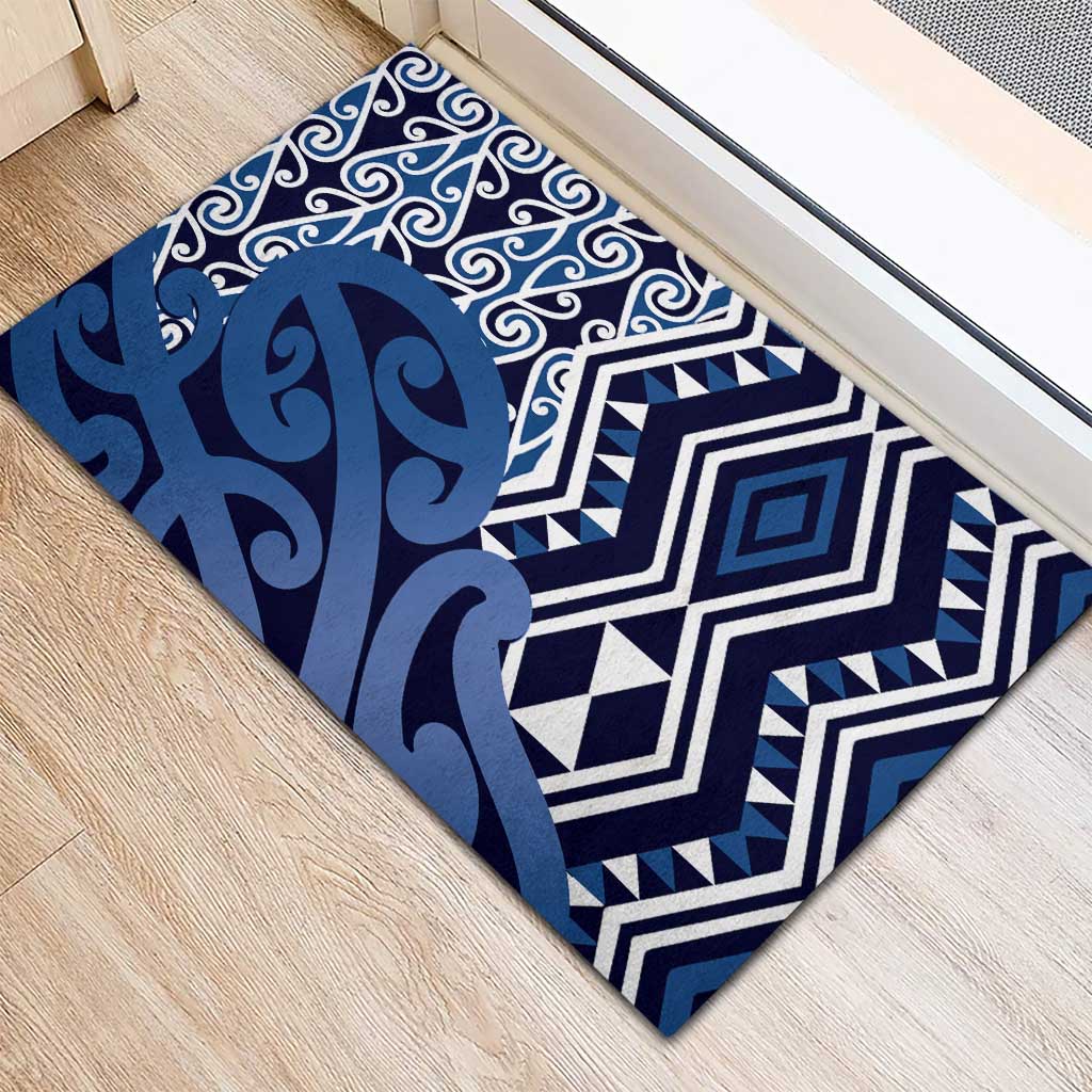 New Zealand Rubber Doormat Aotearoa Kowhaiwhai Mix Taniko Art - Blue