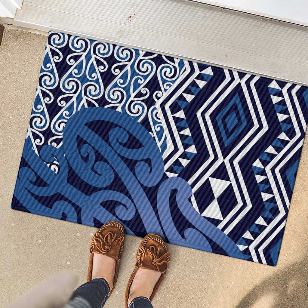 New Zealand Rubber Doormat Aotearoa Kowhaiwhai Mix Taniko Art - Blue