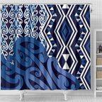 New Zealand Shower Curtain Aotearoa Kowhaiwhai Mix Taniko Art - Blue