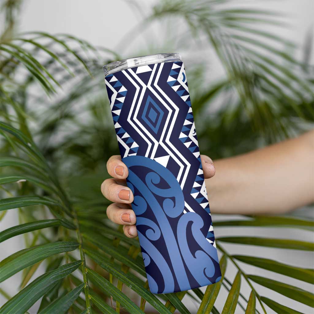 New Zealand Skinny Tumbler Aotearoa Kowhaiwhai Mix Taniko Art - Blue