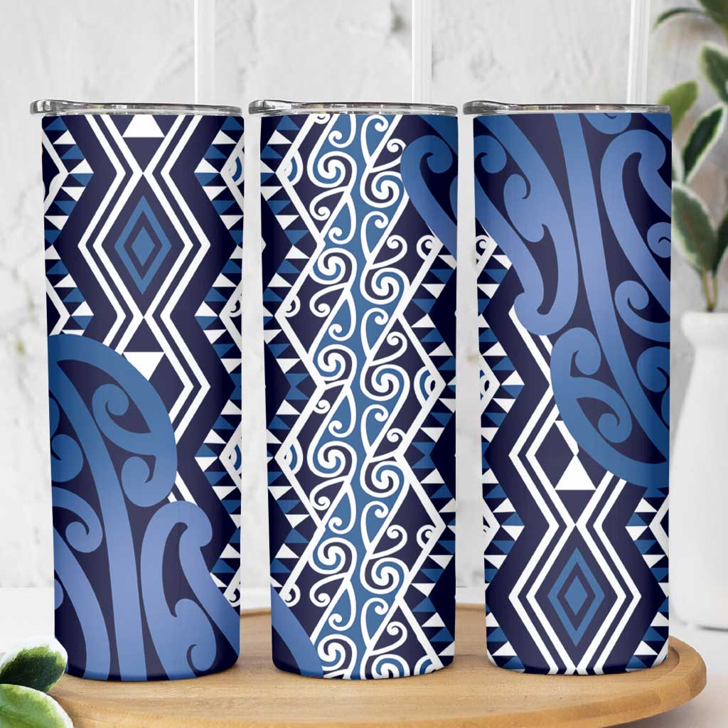 New Zealand Skinny Tumbler Aotearoa Kowhaiwhai Mix Taniko Art - Blue