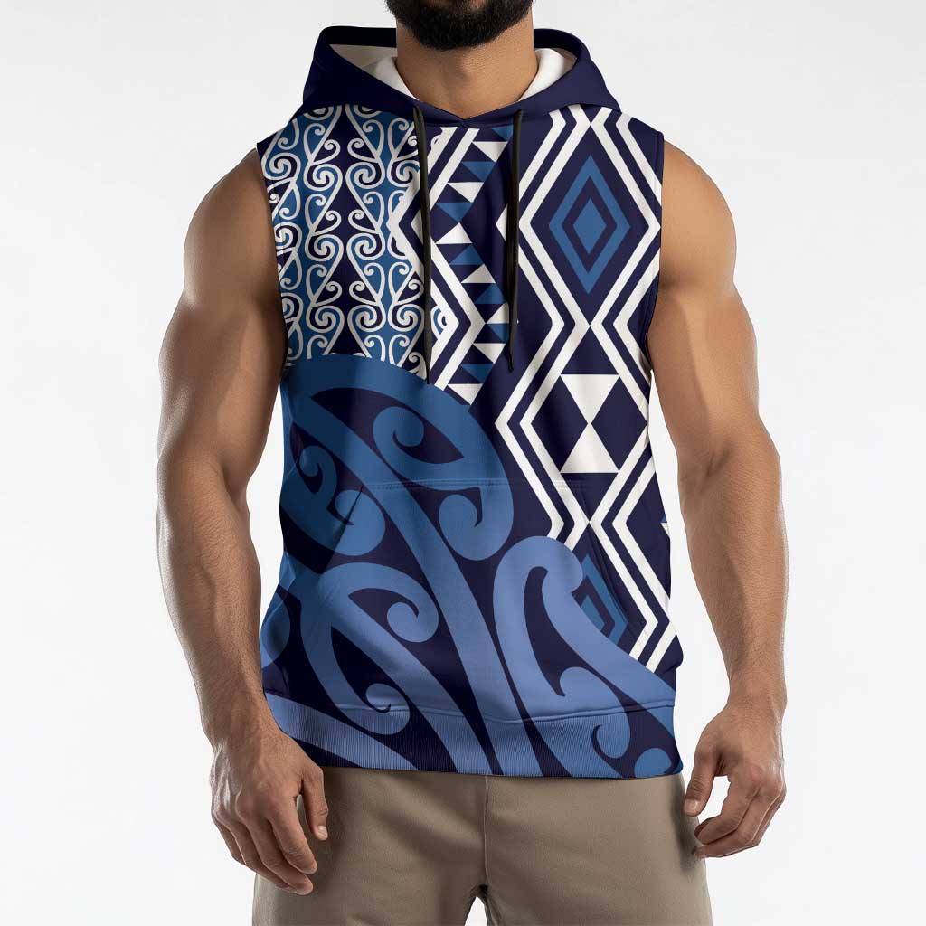 New Zealand Sleeveless Hoodie Aotearoa Kowhaiwhai Mix Taniko Art - Blue - Aussie Hoodie
