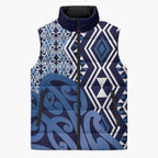 New Zealand Sleeveless Puffer Jacket Aotearoa Kowhaiwhai Mix Taniko Art - Blue - Aussie Hoodie