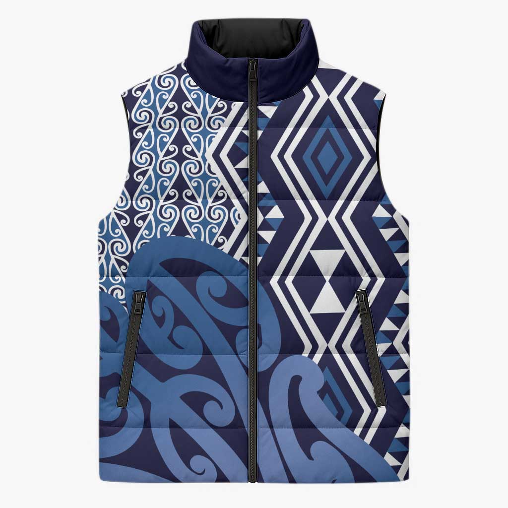 New Zealand Sleeveless Puffer Jacket Aotearoa Kowhaiwhai Mix Taniko Art - Blue - Aussie Hoodie