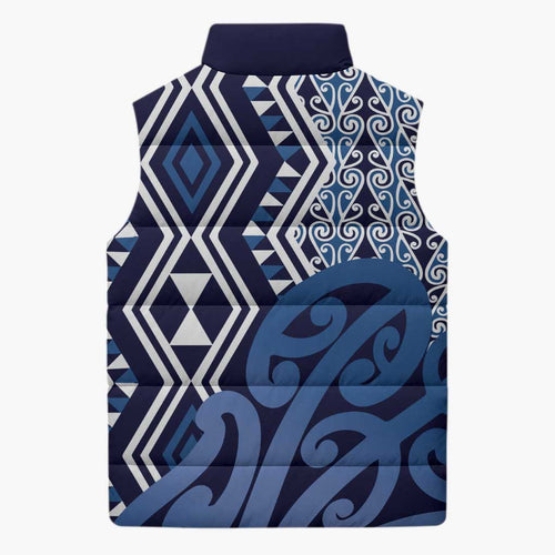 New Zealand Sleeveless Puffer Jacket Aotearoa Kowhaiwhai Mix Taniko Art - Blue - Aussie Hoodie