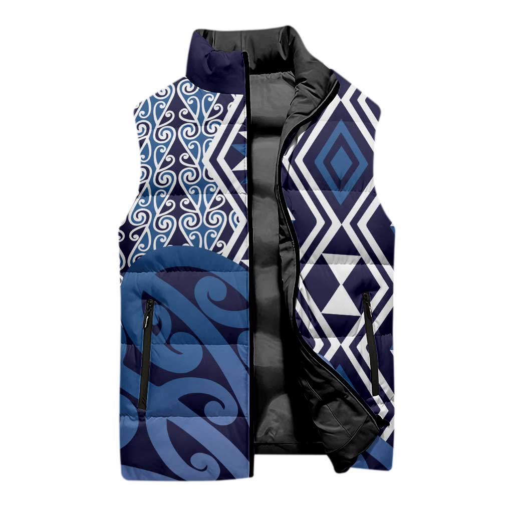 New Zealand Sleeveless Puffer Jacket Aotearoa Kowhaiwhai Mix Taniko Art - Blue - Aussie Hoodie