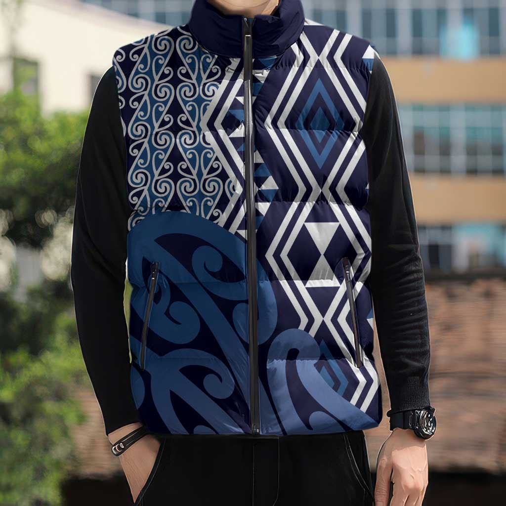 New Zealand Sleeveless Puffer Jacket Aotearoa Kowhaiwhai Mix Taniko Art - Blue - Aussie Hoodie