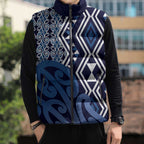 New Zealand Sleeveless Puffer Jacket Aotearoa Kowhaiwhai Mix Taniko Art - Blue - Aussie Hoodie