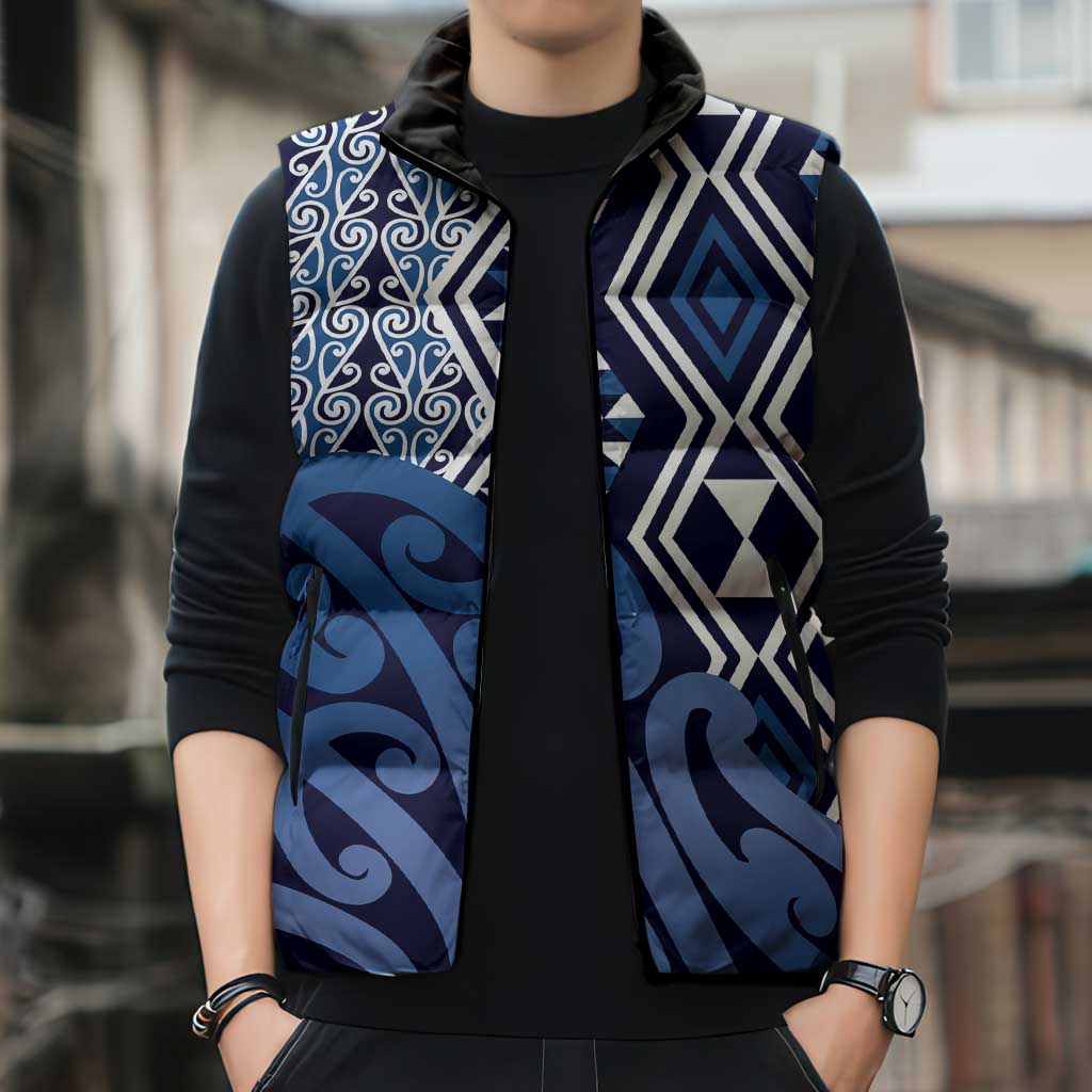 New Zealand Sleeveless Puffer Jacket Aotearoa Kowhaiwhai Mix Taniko Art - Blue - Aussie Hoodie
