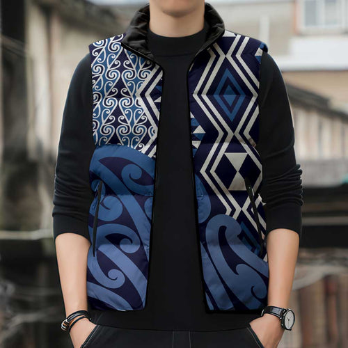 New Zealand Sleeveless Puffer Jacket Aotearoa Kowhaiwhai Mix Taniko Art - Blue - Aussie Hoodie