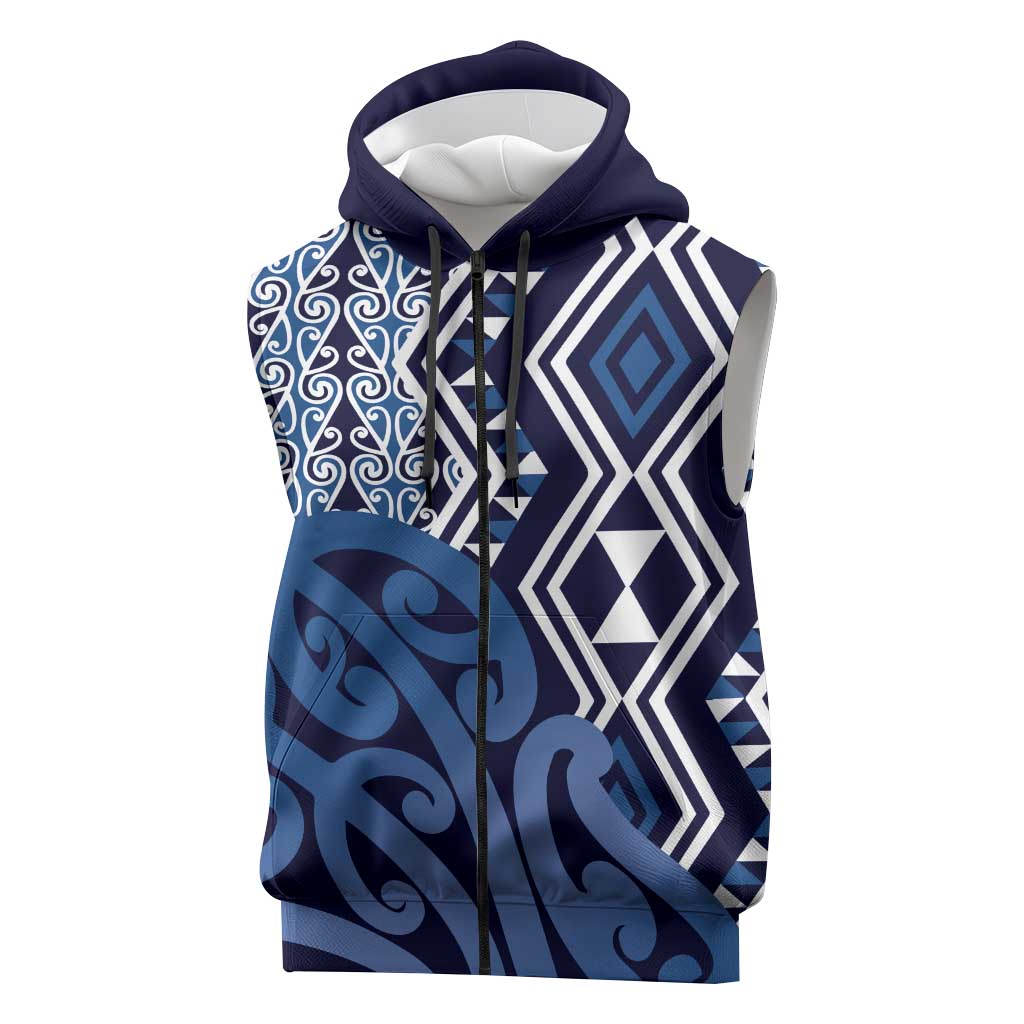 New Zealand Sleeveless Zip Hoodie Aotearoa Kowhaiwhai Mix Taniko Art - Blue LT14