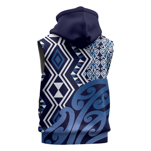 New Zealand Sleeveless Zip Hoodie Aotearoa Kowhaiwhai Mix Taniko Art - Blue LT14