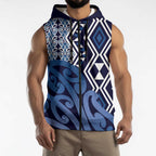 New Zealand Sleeveless Zip Hoodie Aotearoa Kowhaiwhai Mix Taniko Art - Blue LT14