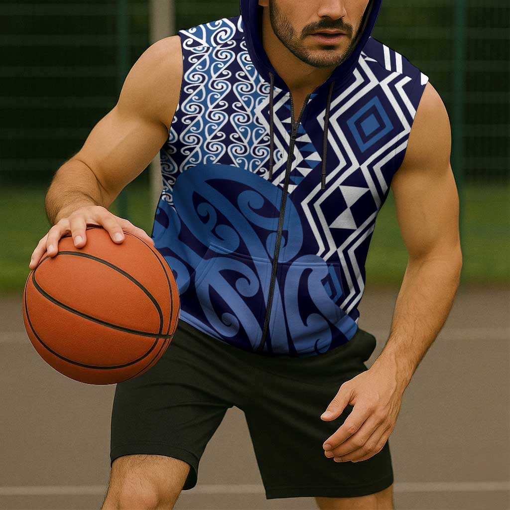 New Zealand Sleeveless Zip Hoodie Aotearoa Kowhaiwhai Mix Taniko Art - Blue LT14
