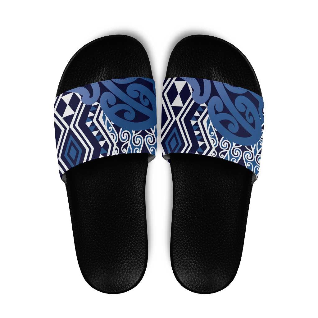 New Zealand Slide Sandals Aotearoa Kowhaiwhai Mix Taniko Art - Blue - Aussie Hoodie